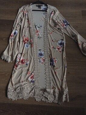 Polly & Esther Floral Long Duster Cardigan Crochet Trims Size XL